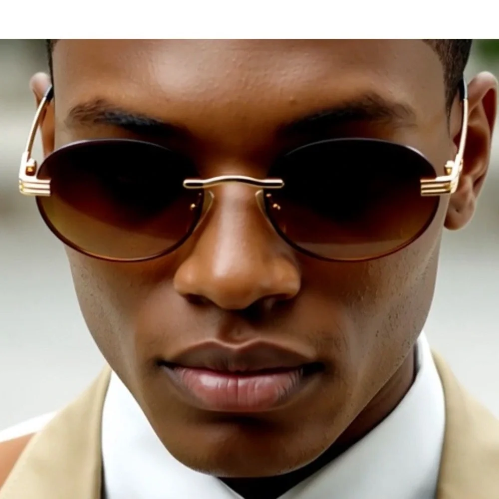 Oval Sunglasses Gold Frame Brown Lens‎ Rimless Vintage Style Men Trendy Hip Hop